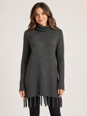 Neiman Marcus 100% Cashmere Fringe Hem Turtleneck Sweater | Gray | Women’s Small